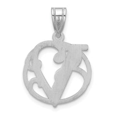Small Sterling Silver Rhodium-plated Fancy Script Letter V Initial Pendant QC11257V