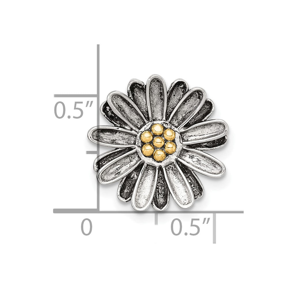 Sterling Silver with 14k Center Accent Antiqued Sun Flower Chain Slide Pendant QC11564