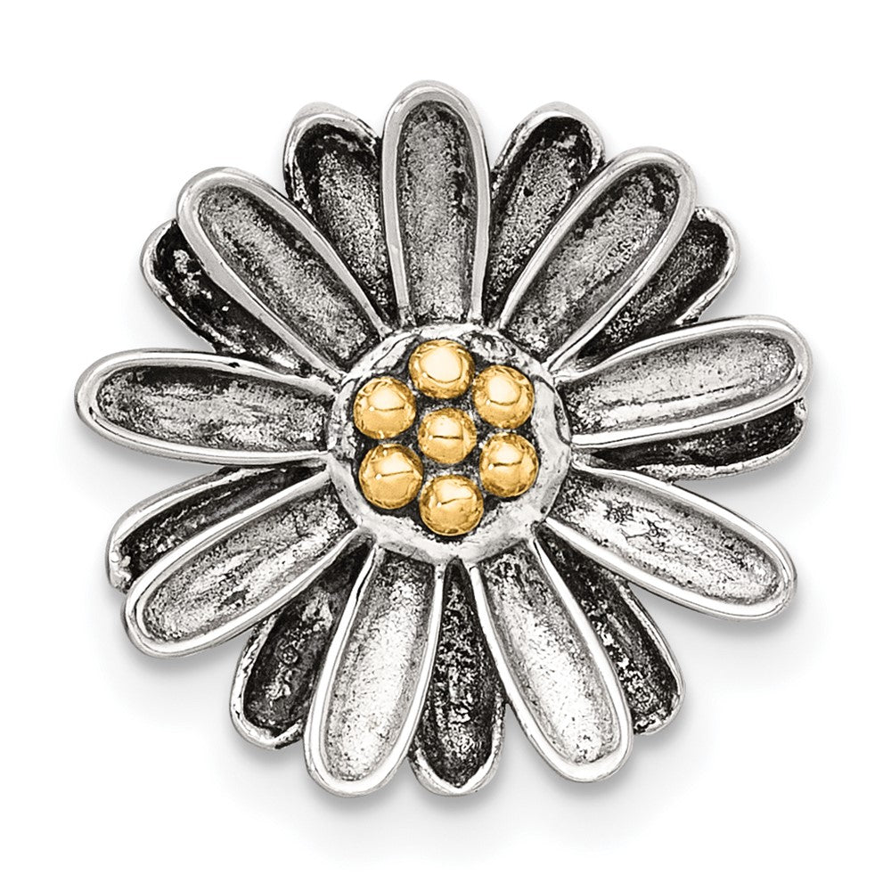 Sterling Silver with 14k Center Accent Antiqued Sun Flower Chain Slide Pendant QC11564