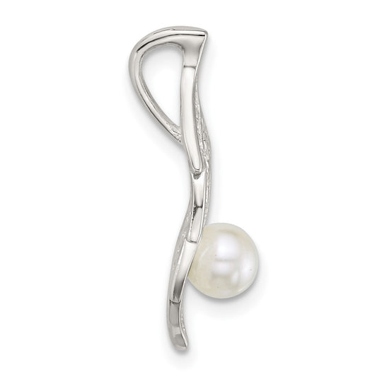 Sterling Silver Polished CZ and Acrylic Pearl on Leaf Chain Slide Pendant QC11566