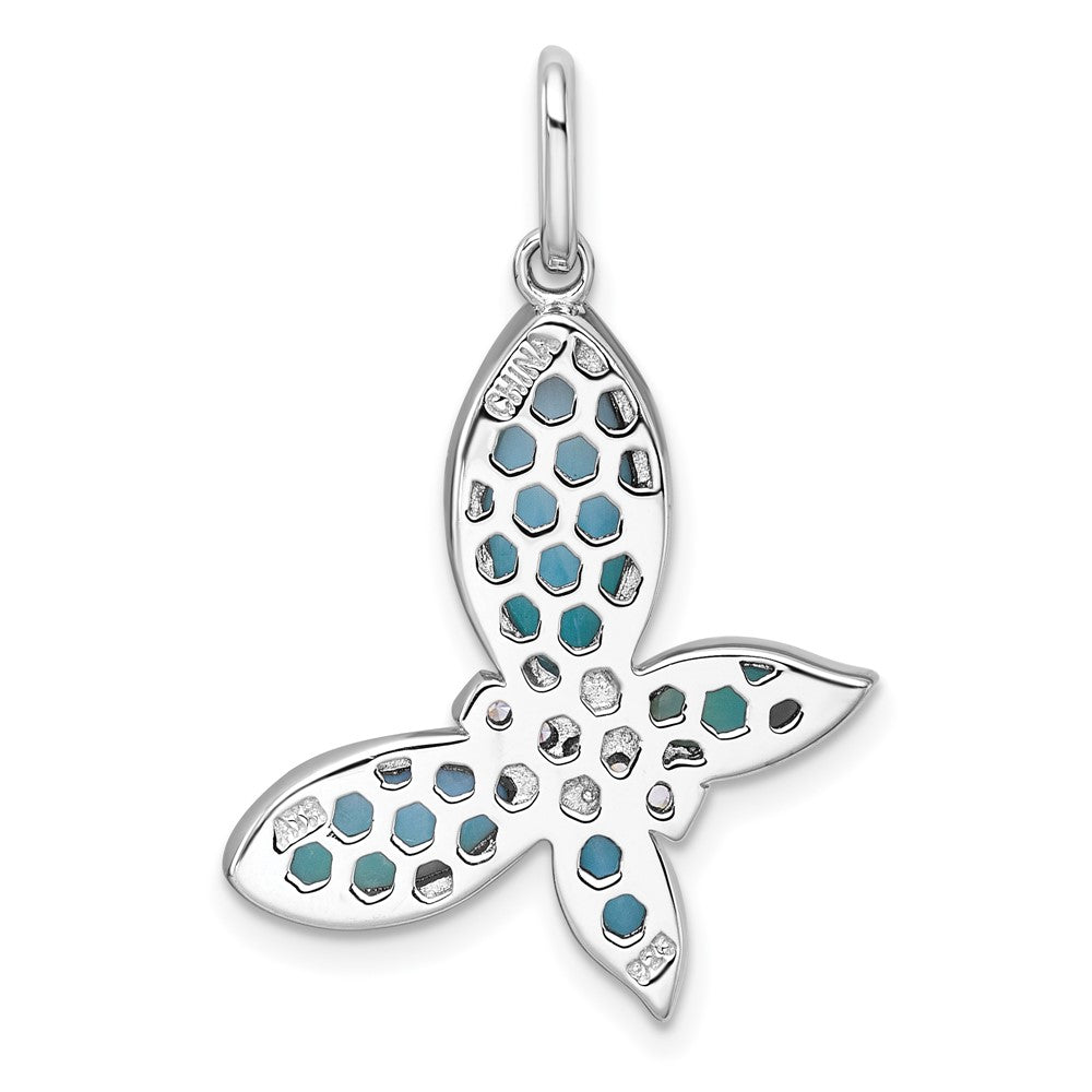 Sterling Silver Rhodium-plated Polished Larimar and CZ Butterfly Pendant QC11568