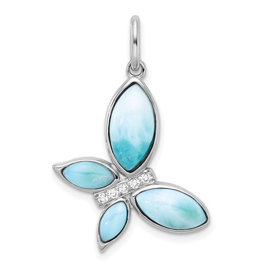 Sterling Silver Rhodium-plated Polished Larimar and CZ Butterfly Pendant QC11568