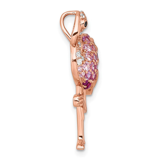 Sterling Silver Rose-tone CZ and Corundum Flamingo Chain Slide Pendant QC11574