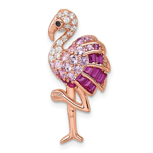 Sterling Silver Rose-tone CZ and Corundum Flamingo Chain Slide Pendant QC11574