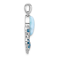 Sterling Silver Rhodium-plated Polished Larimar, White and Blue Topaz Octopus Pendant QC11585