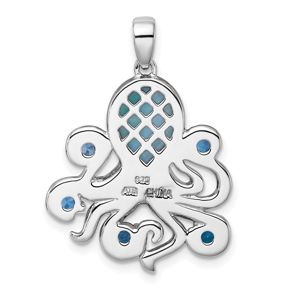 Sterling Silver Rhodium-plated Polished Larimar, White and Blue Topaz Octopus Pendant QC11585