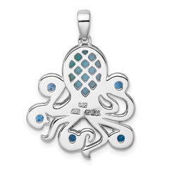 Sterling Silver Rhodium-plated Polished Larimar, White and Blue Topaz Octopus Pendant QC11585
