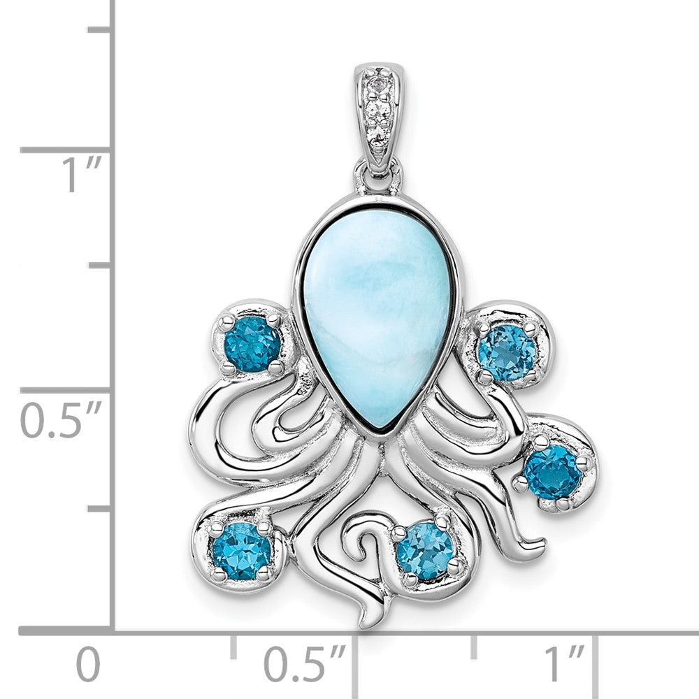 Sterling Silver Rhodium-plated Polished Larimar, White and Blue Topaz Octopus Pendant QC11585