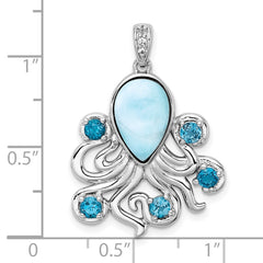 Sterling Silver Rhodium-plated Polished Larimar, White and Blue Topaz Octopus Pendant QC11585