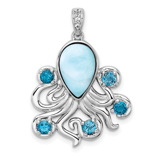 Sterling Silver Rhodium-plated Polished Larimar, White and Blue Topaz Octopus Pendant QC11585