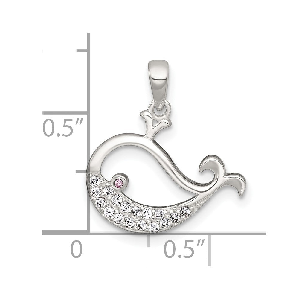 Sterling Silver Polished Pink and White CZ Cut-out Whale Pendant QC11586