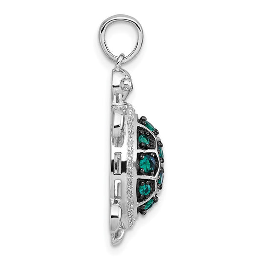 Sterling Silver White and Black Rhodium-plated White and Green CZ Turtle Pendant QC11595