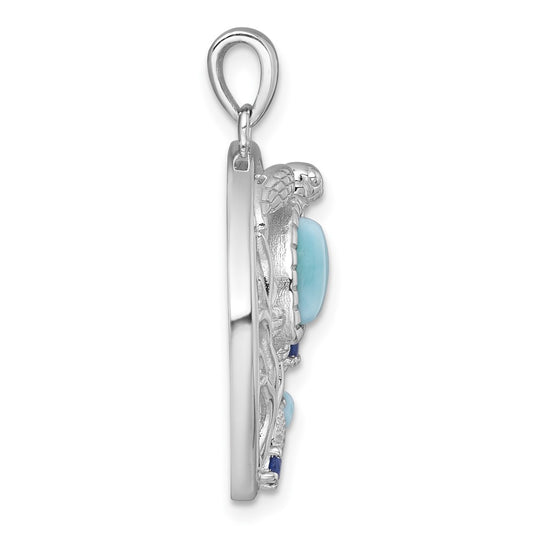 Sterling Silver Rhodium-plated Polished and Textured Larimar and Blue CZ Sealife Pendant QC11596