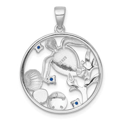 Sterling Silver Rhodium-plated Polished and Textured Larimar and Blue CZ Sealife Pendant QC11596
