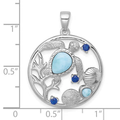 Sterling Silver Rhodium-plated Polished and Textured Larimar and Blue CZ Sealife Pendant QC11596