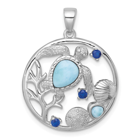 Sterling Silver Rhodium-plated Polished and Textured Larimar and Blue CZ Sealife Pendant QC11596