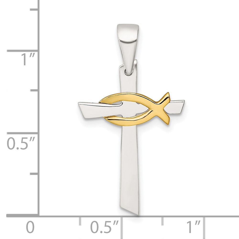 Sterling Silver Polished Cross with Gold-tone Ichthus Fish Pendant QC11626