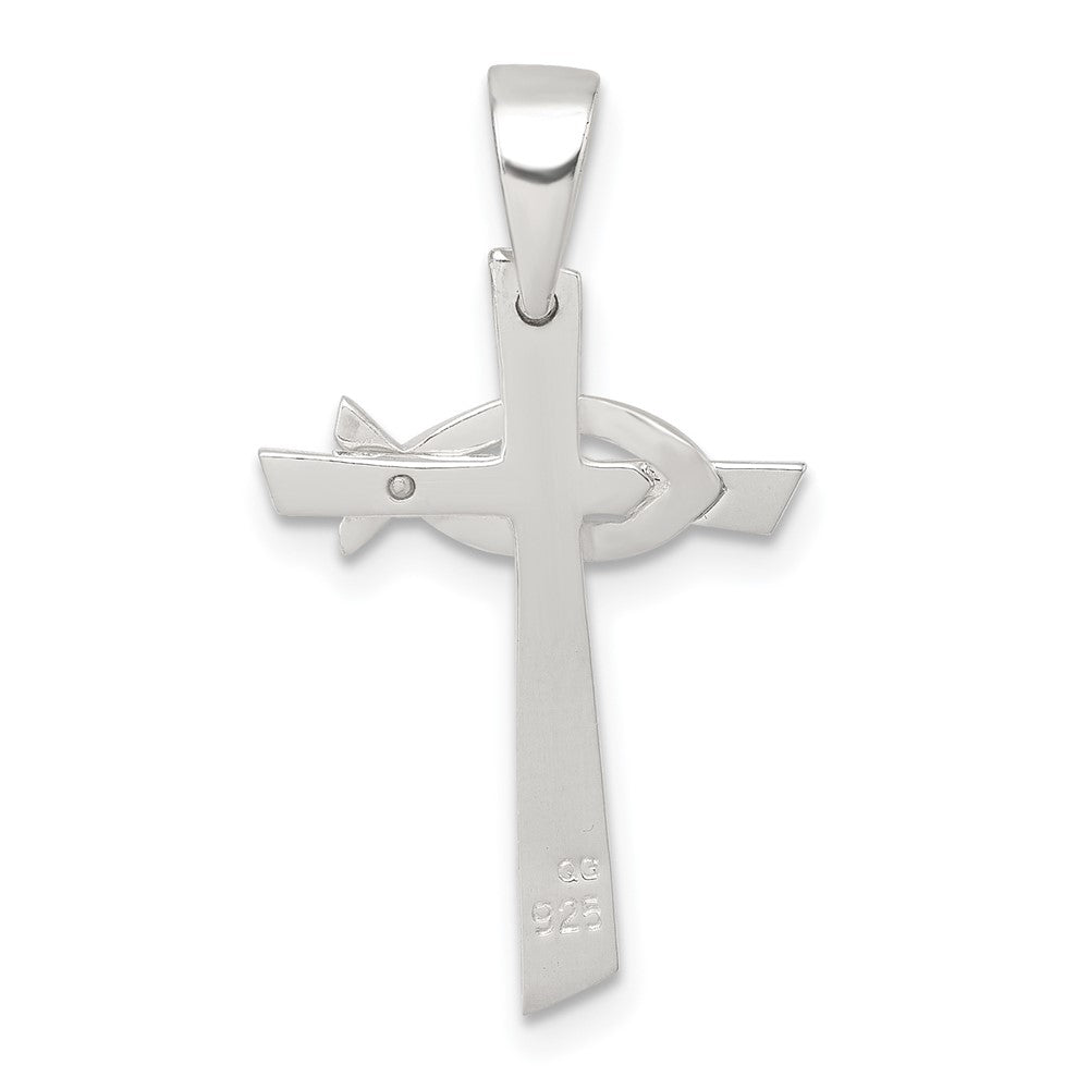 Sterling Silver Polished Cross with Brushed Ichthus Fish Pendant QC11627