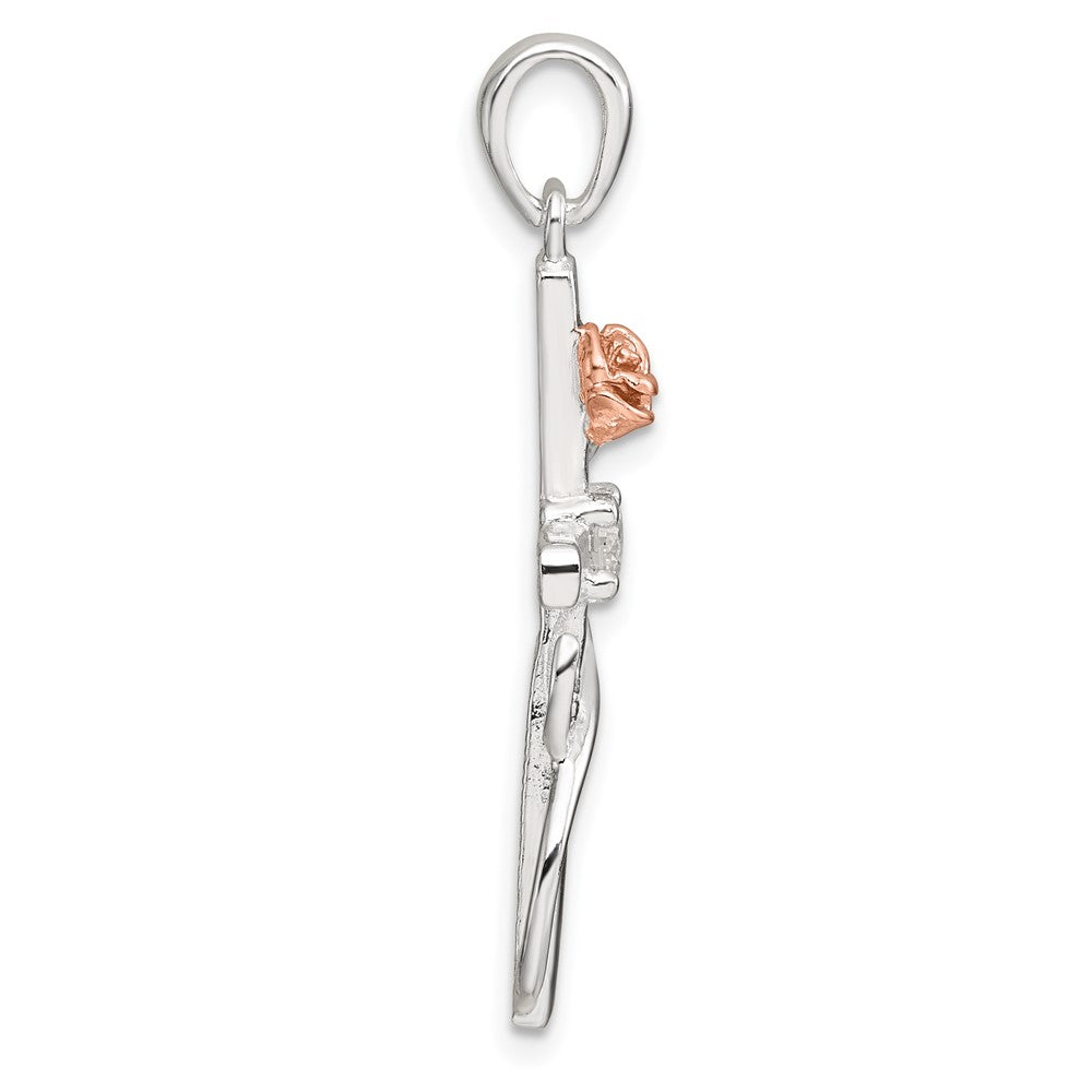 Sterling Silver E-Coat Polished Cross with CZ and Rose-tone Rose Pendant QC11631