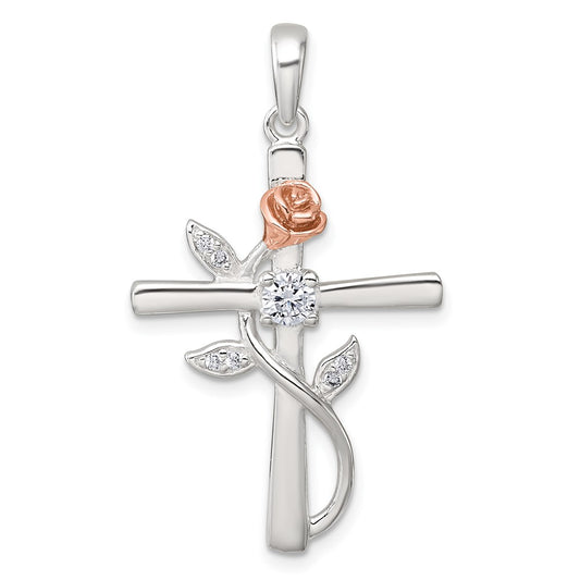 Sterling Silver E-Coat Polished Cross with CZ and Rose-tone Rose Pendant QC11631