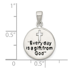 Sterling Silver Polished Black Enamel EVERY DAY IS A GIFT FROM GOD Cut Out Cross Disc Pendant QC11658