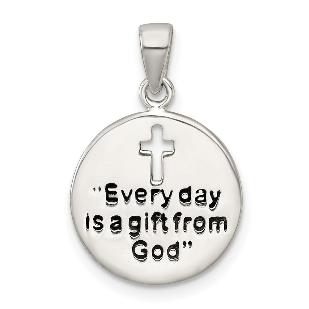 Sterling Silver Polished Black Enamel EVERY DAY IS A GIFT FROM GOD Cut Out Cross Disc Pendant QC11658