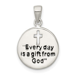 Sterling Silver Polished Black Enamel EVERY DAY IS A GIFT FROM GOD Cut Out Cross Disc Pendant QC11658