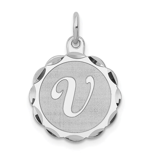 Sterling Silver/Rhodium-plated Brocaded Letter V Initial Pendant QC4161V
