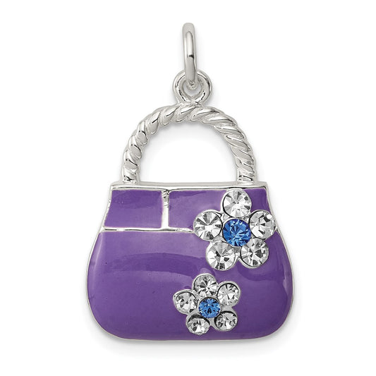 Sterling Silver Rhodium-plated Purple Enameled CZ Purse Charm QC4219