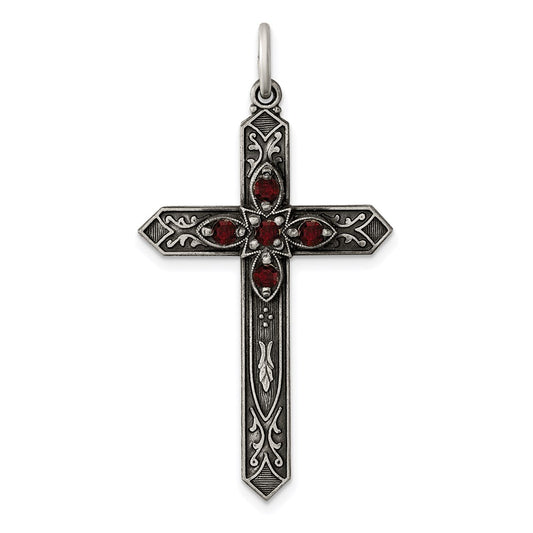 Sterling Silver Antiqued January Glass Birthstone Cross Pendant QC4328