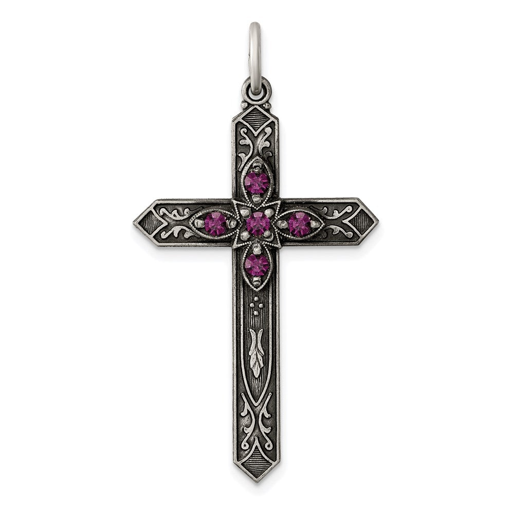 Sterling Silver Antiqued February Glass Birthstone Cross Pendant QC4329