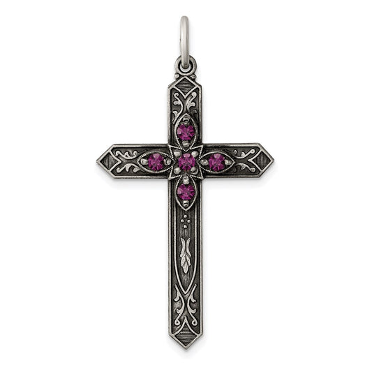 Sterling Silver Antiqued February Glass Birthstone Cross Pendant QC4329