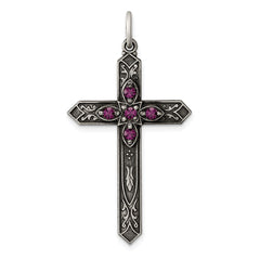 Sterling Silver Antiqued February Glass Birthstone Cross Pendant QC4329