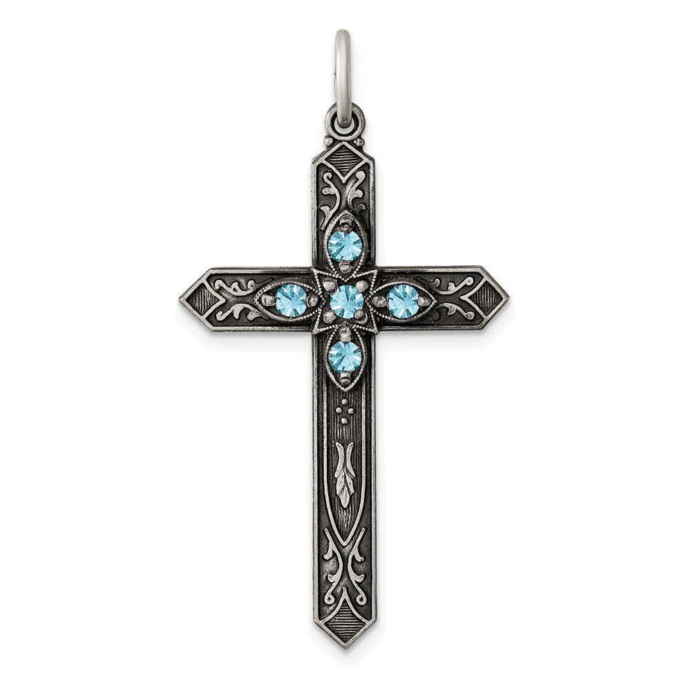 Sterling Silver Antiqued March Glass Birthstone Cross Pendant QC4330