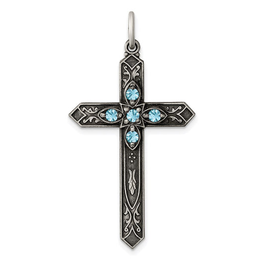 Sterling Silver Antiqued March Glass Birthstone Cross Pendant QC4330