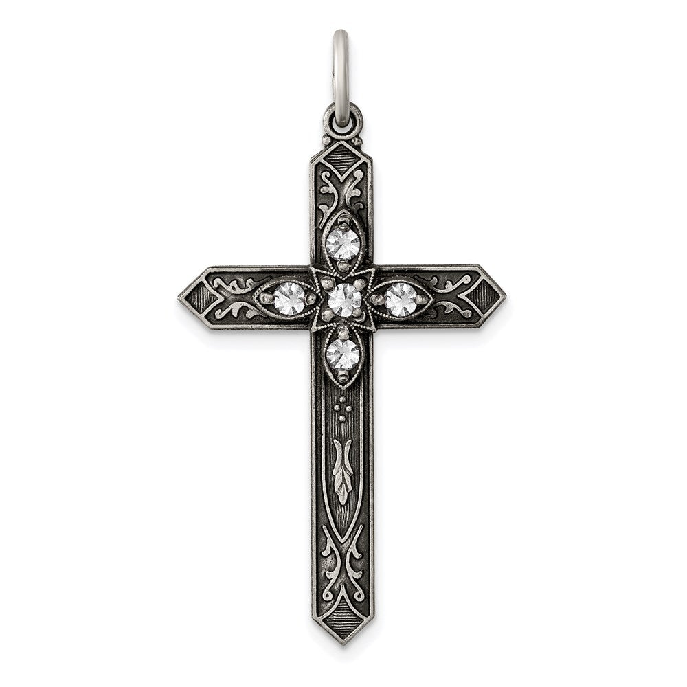 Sterling Silver Antiqued April Glass Birthstone Cross Pendant QC4331