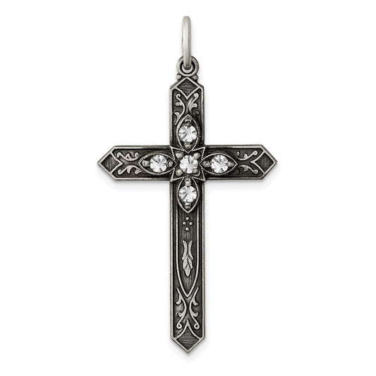 Sterling Silver Antiqued April Glass Birthstone Cross Pendant QC4331