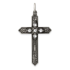 Sterling Silver Antiqued April Glass Birthstone Cross Pendant QC4331
