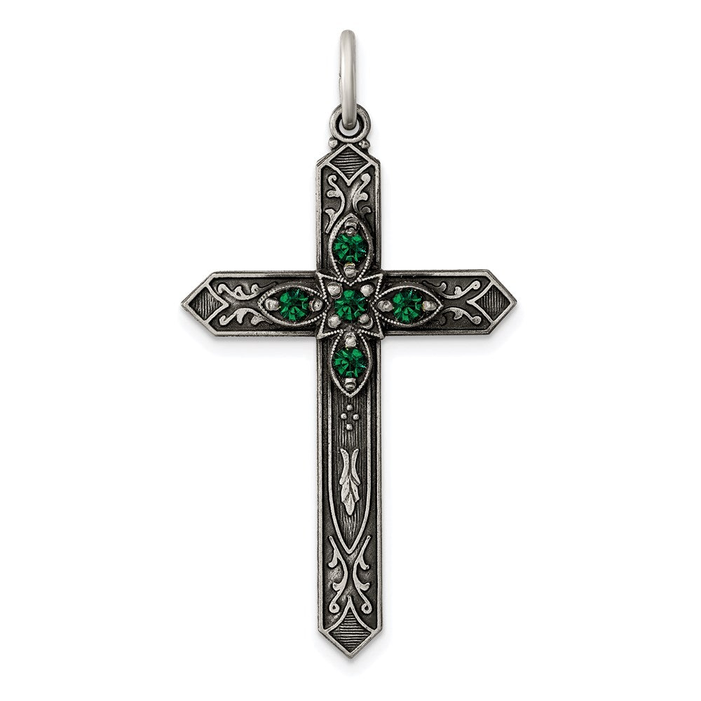 Sterling Silver Antiqued May Glass Birthstone Cross Pendant QC4332