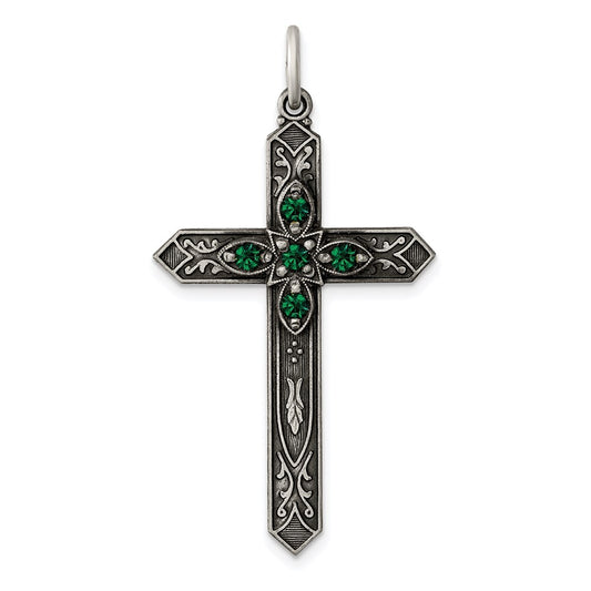 Sterling Silver Antiqued May Glass Birthstone Cross Pendant QC4332