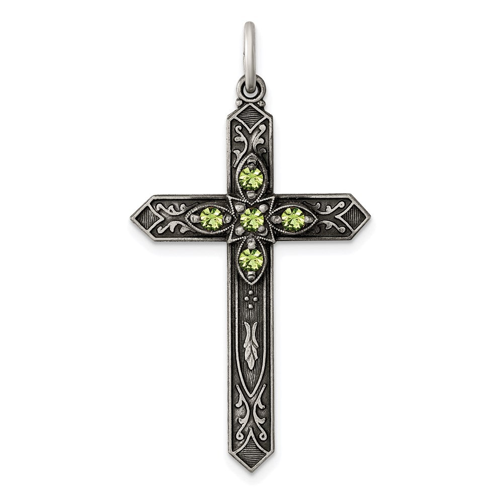 Sterling Silver Antiqued August Glass Birthstone Cross Pendant QC4335