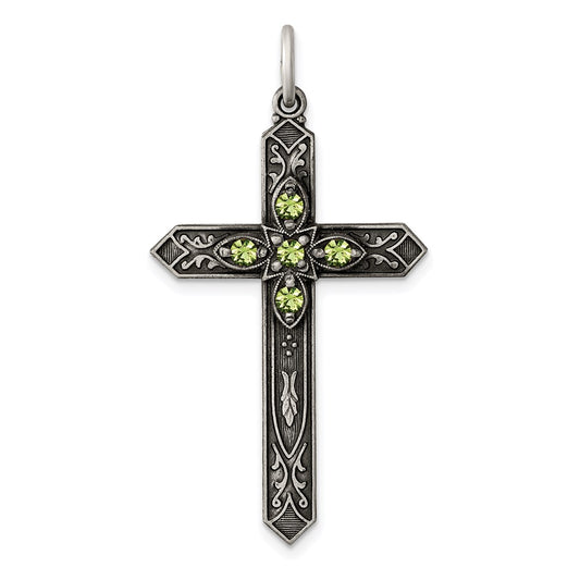 Sterling Silver Antiqued August Glass Birthstone Cross Pendant QC4335