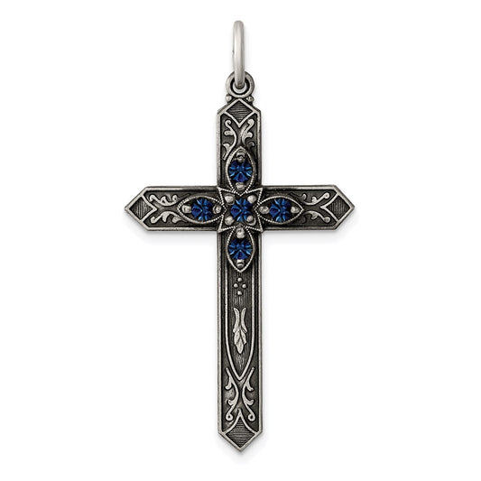 Sterling Silver Antiqued September Glass Birthstone Cross Pendant QC4336