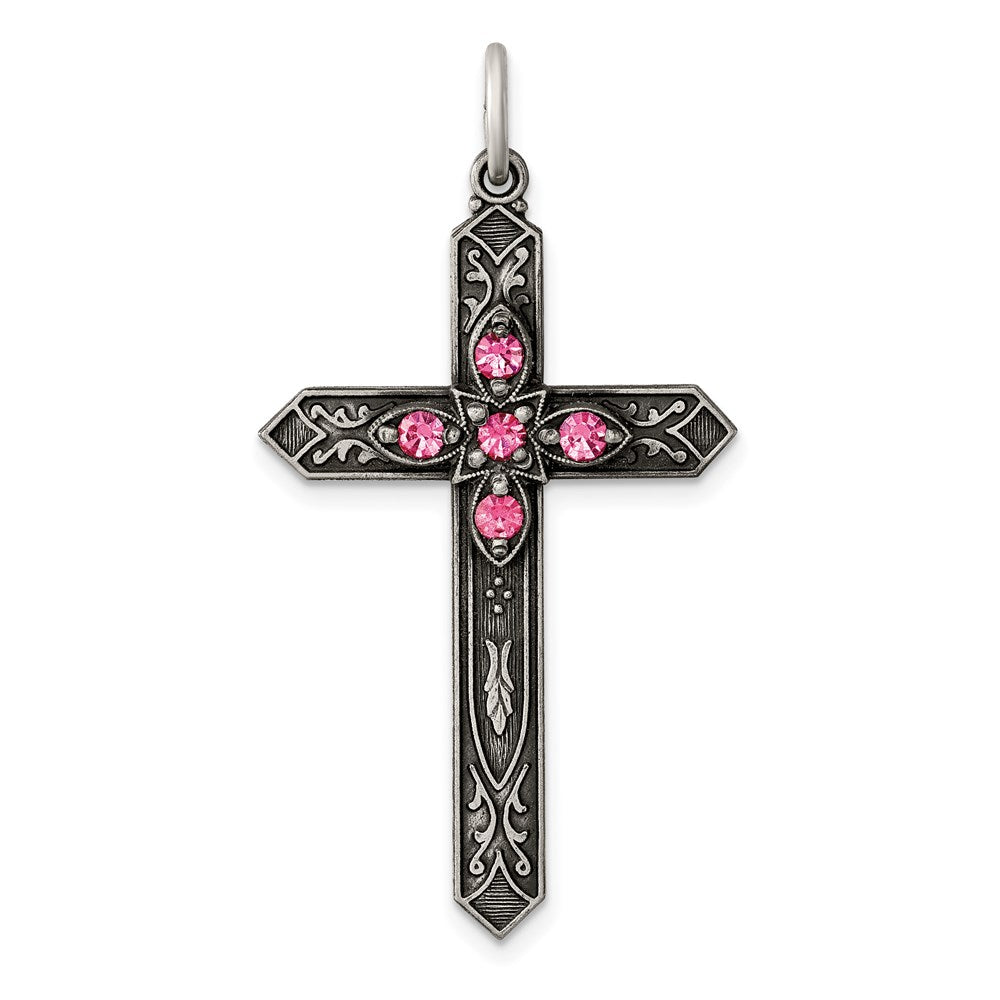 Sterling Silver Antiqued October Glass Birthstone Cross Pendant QC4337
