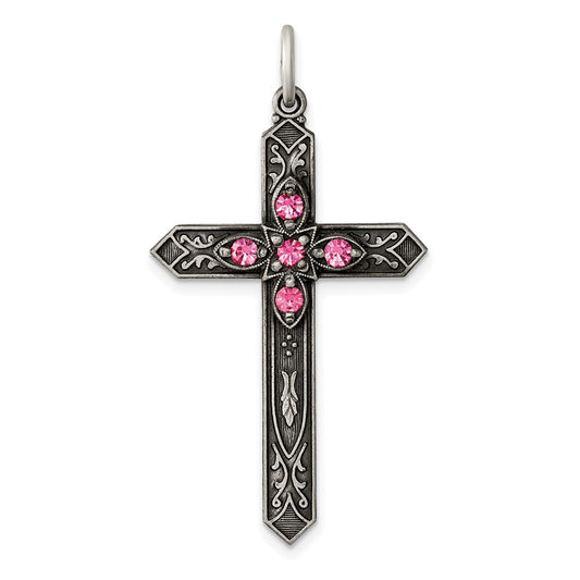 Sterling Silver Antiqued October Glass Birthstone Cross Pendant QC4337