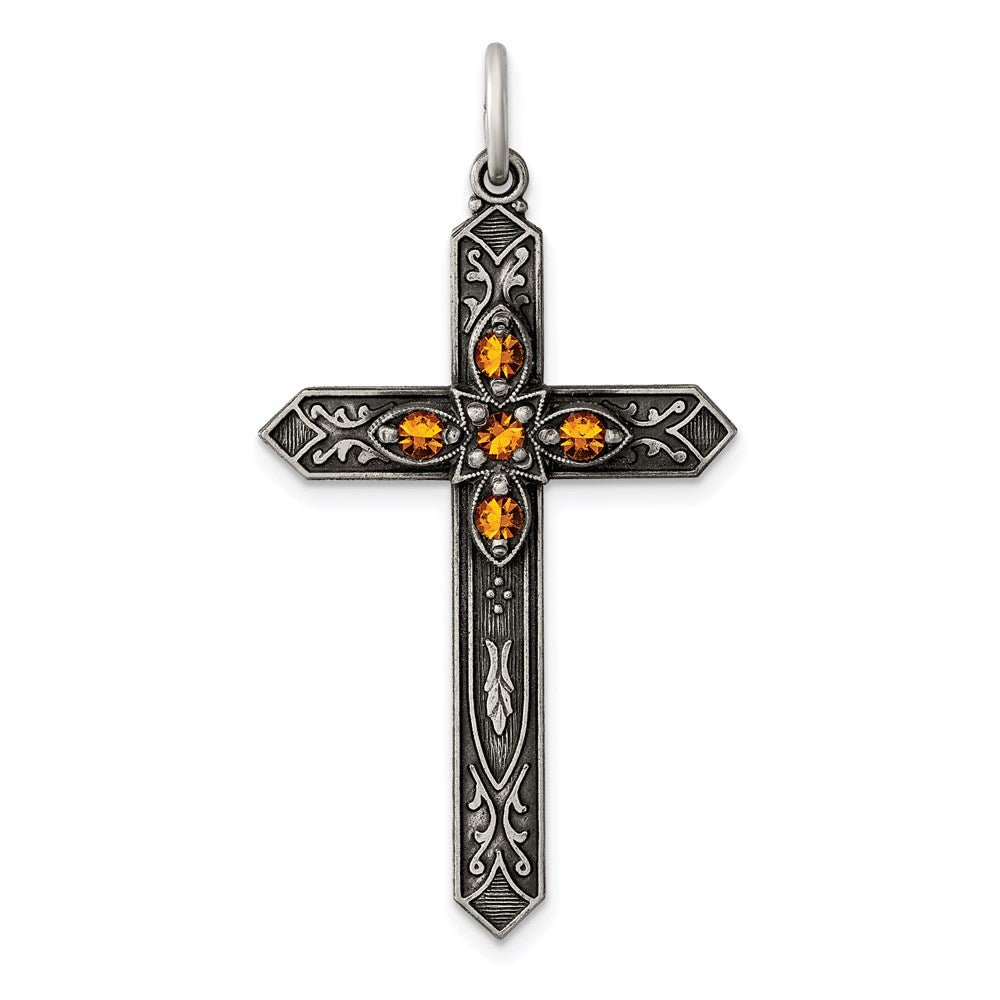 Sterling Silver Antiqued November Glass Birthstone Cross Pendant QC4338