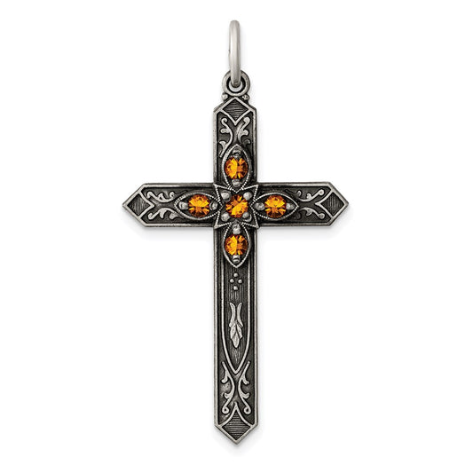 Sterling Silver Antiqued November Glass Birthstone Cross Pendant QC4338