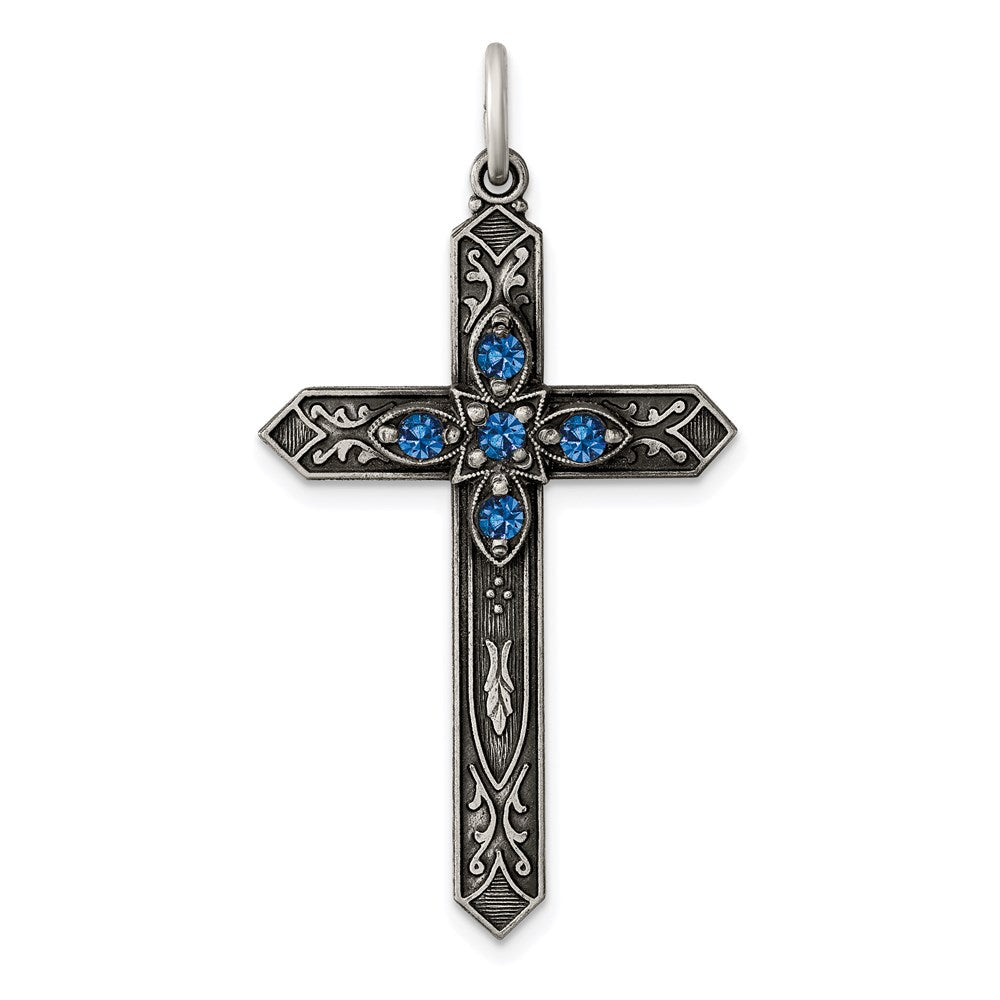 Sterling Silver Antiqued December Glass Birthstone Cross Pendant QC4339