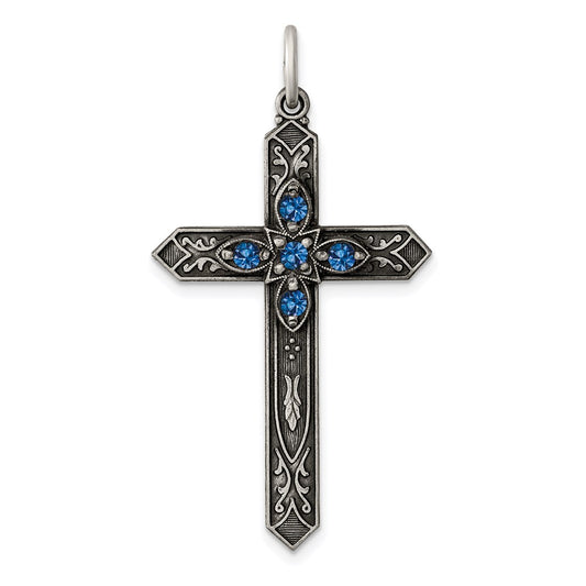 Sterling Silver Antiqued December Glass Birthstone Cross Pendant QC4339