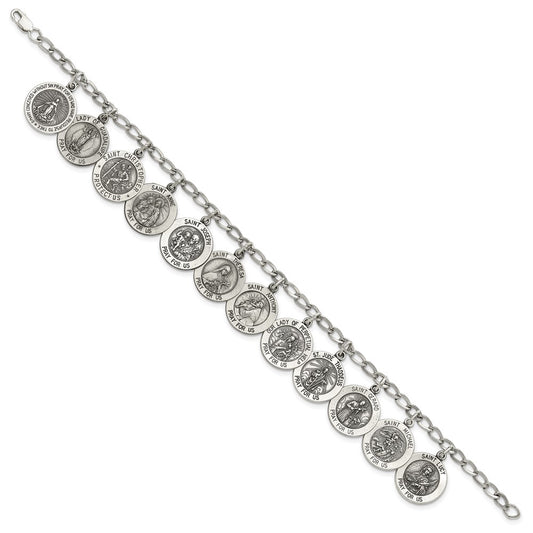 Sterling Silver Antiqued 12 Saints 8in Bracelet QC4383